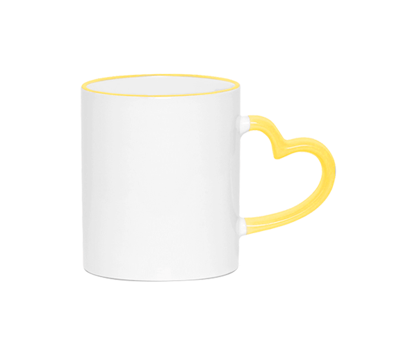 Caneca de Cerâmica Alça Coração e Borda Colorida 325ml – Amarela