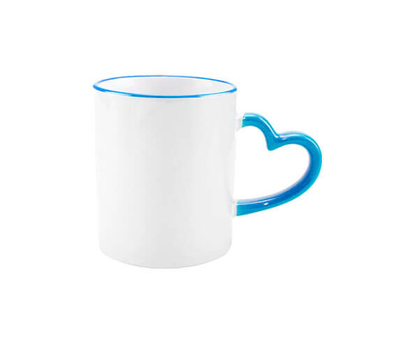 Caneca de Cerâmica Alça Coração e Borda Colorida 325ml – Azul Claro