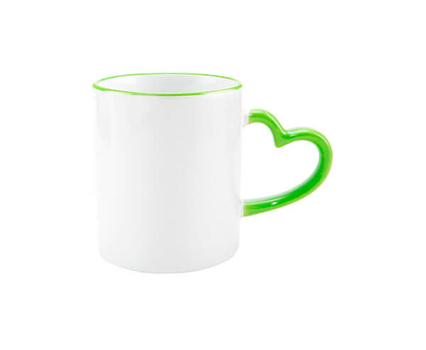Caneca de Cerâmica Alça Coração e Borda Colorida 325ml – Verde