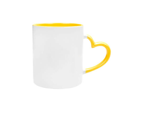 Caneca de Cerâmica Alça Coração e Interior Colorido 325ml – Amarelo