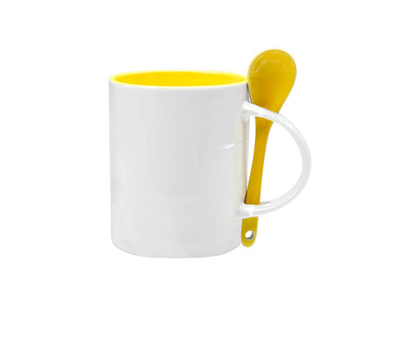 Caneca de Cerâmica Cilíndrica com Colher 325ml – Amarela