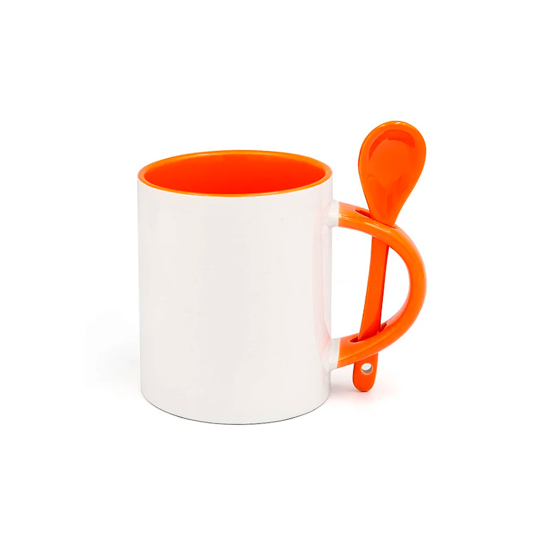 Caneca de Cerâmica Cilíndrica com Colher 325ml – Laranja