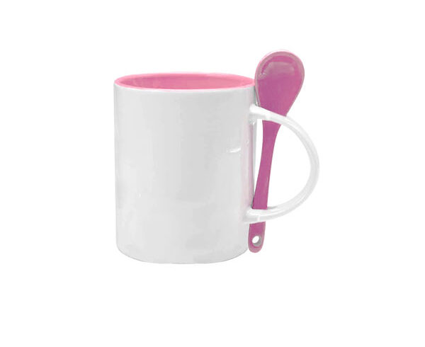 Caneca de Cerâmica Cilíndrica com Colher 325ml – Rosa