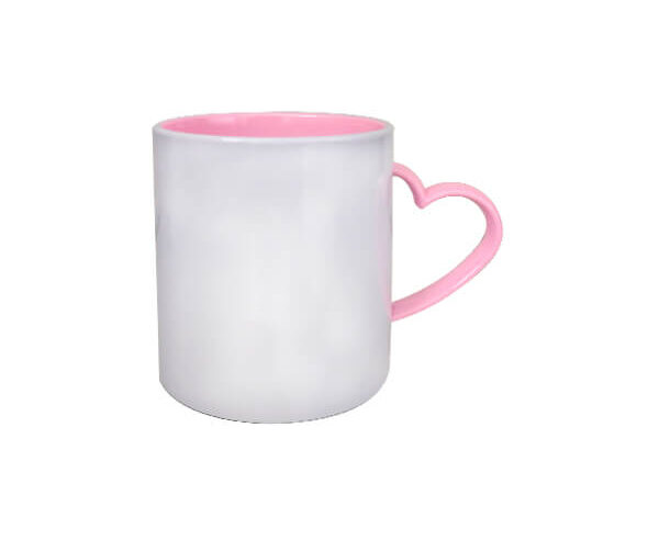 Caneca de Polímero Branca 325ml – Alça Coração Rosa
