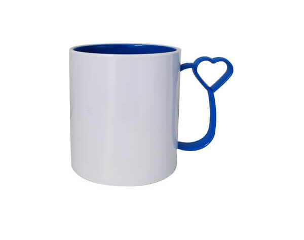 Caneca de Polímero Branca 325ml – Alça Coraçãozinho azul