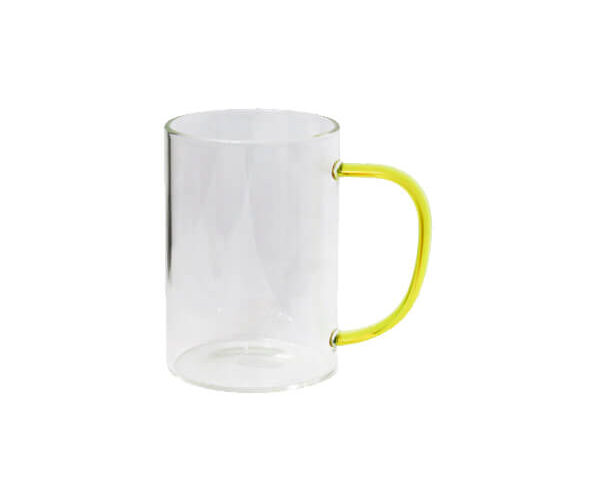 Caneca de Vidro Borossilicato Cristal 300ml – Alça Amarela